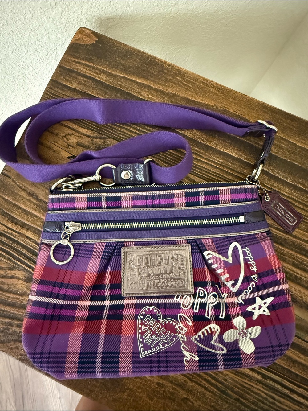 Coach Poppy Purple Tartan Plaid Graffiti Crossbody Shoulder Bag | Y2K